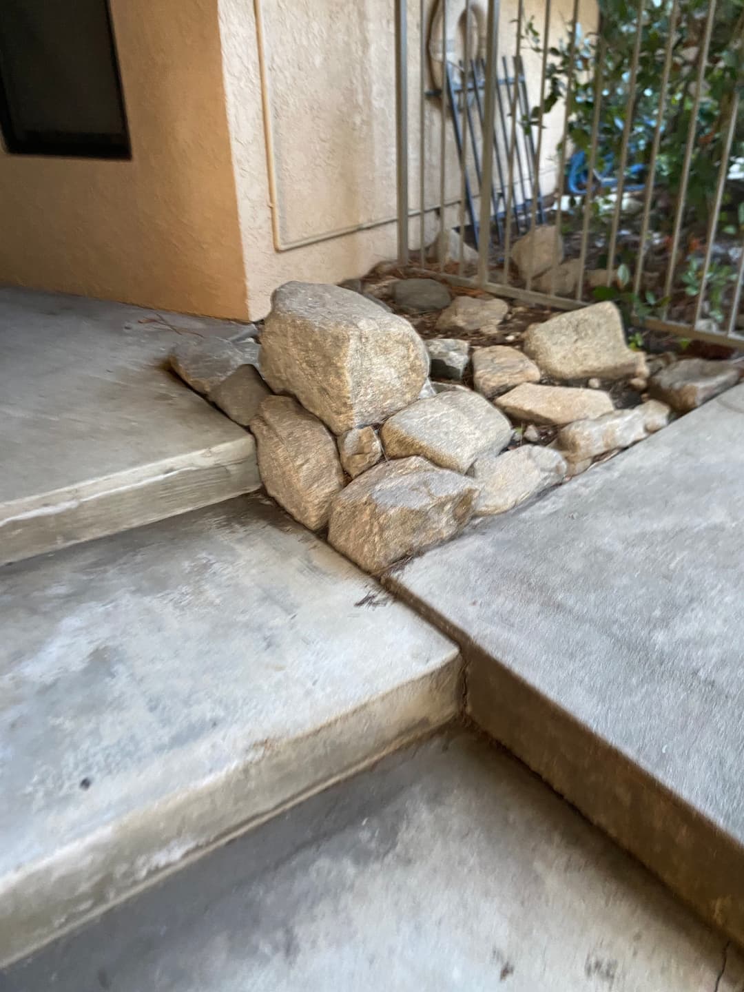 Uneven stone pathway leading to a concrete entrance, with visible vegetation nearby.
