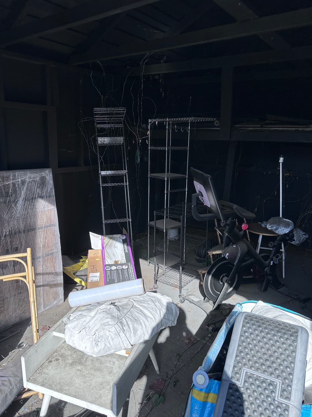 Cluttered shed interior with wire shelves, exercise bike, and various storage items.