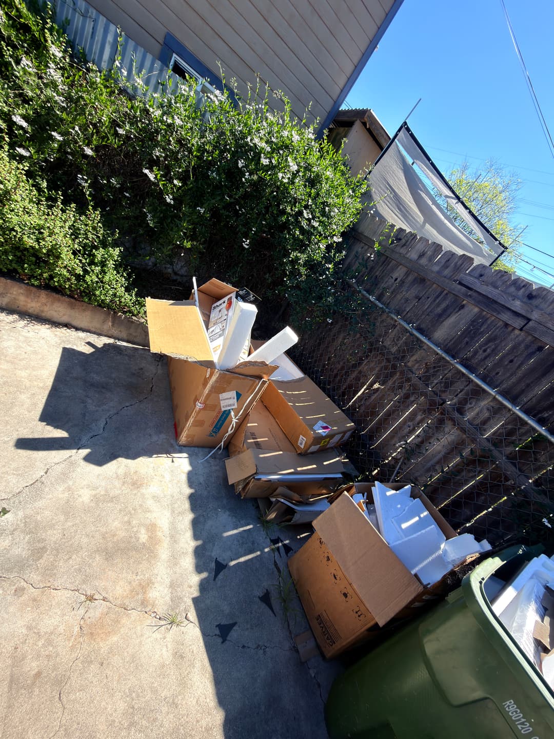 Cardboard boxes and waste piled in a sunny backyard near wooden fence and greenery.