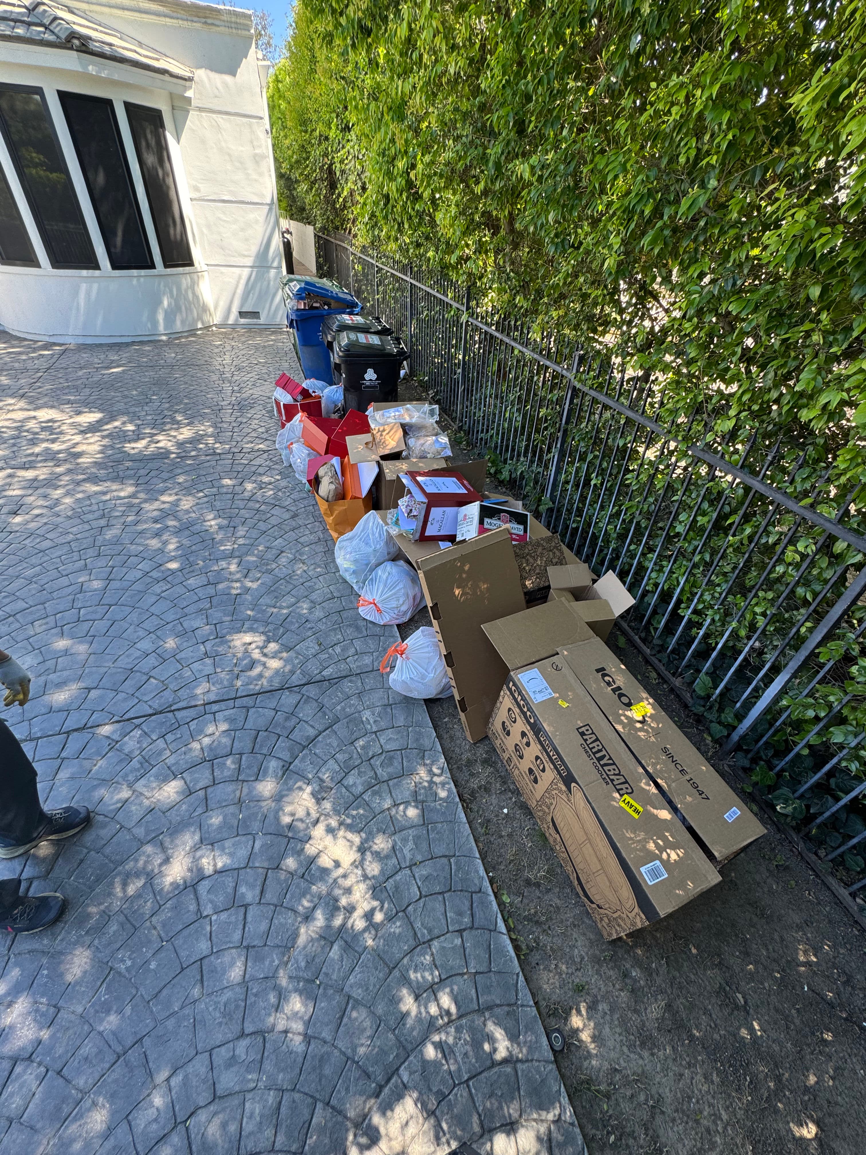 Line of cardboard boxes and packages stacked on a walkway beside a house.